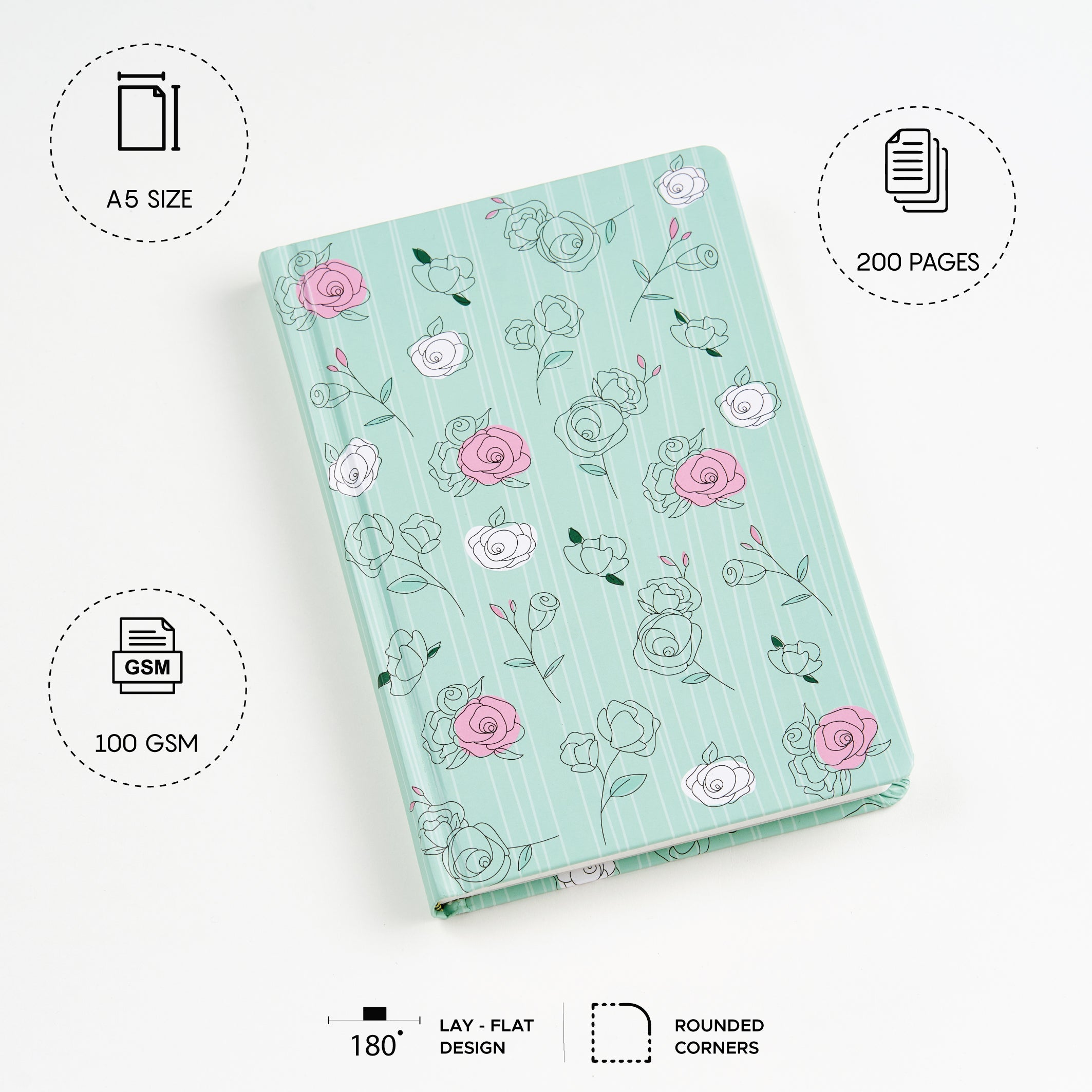 The Pastel Mint Roses - Designer Hard Cover Notebook
