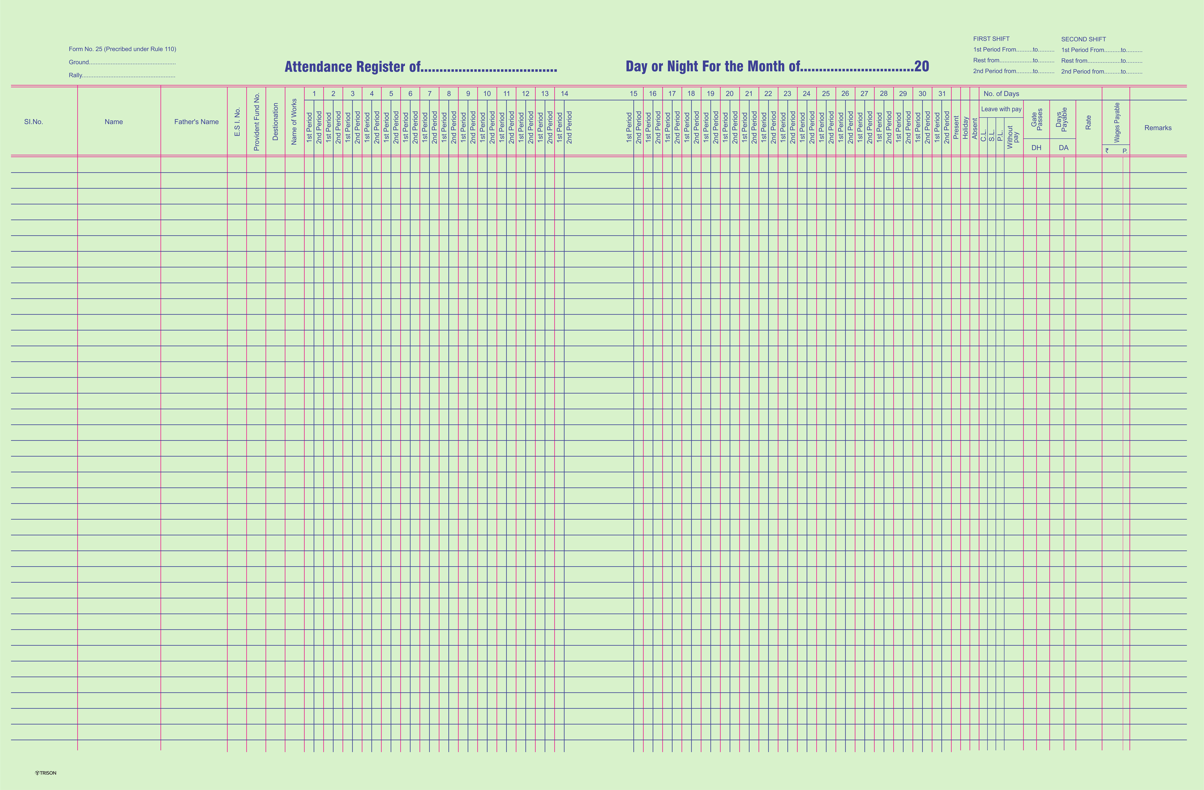 Attendance Register (Form No. 25) (Size A3) - Image 2